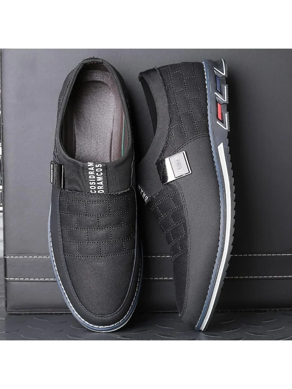 Men's Black Grid Textured Two-tone Flexible Business Derby Oxfords Dress Sneaker